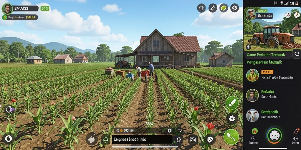 Tampilan gameplay BATA123 yang menakjubkan dengan ladang yang luas dan tanaman hijau.