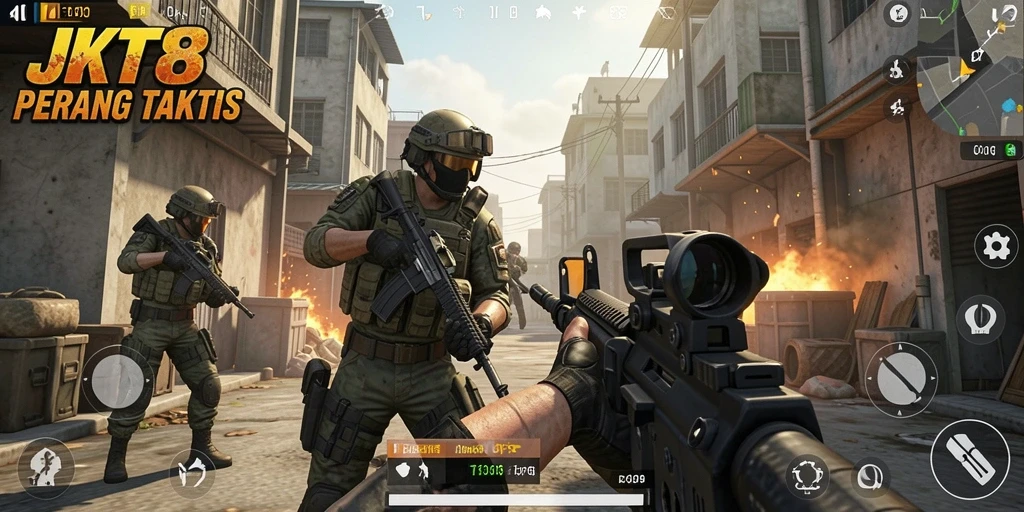 Tampilan gameplay intens dari JKT8 dalam aksi tembak-menembak FPS.