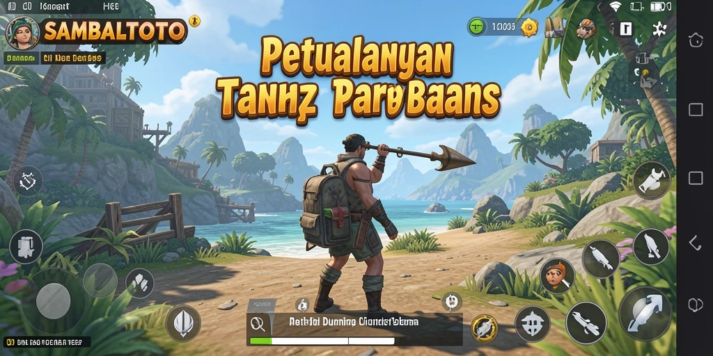 Screenshot gameplay SAMBALTOTO menunjukkan aksi petualangan di dunia terbuka yang luas.