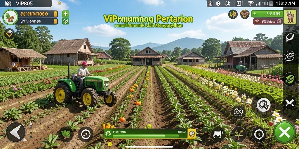Screenshot gameplay VIP805 menampilkan ladang pertanian yang produktif dengan berbagai jenis tanaman.